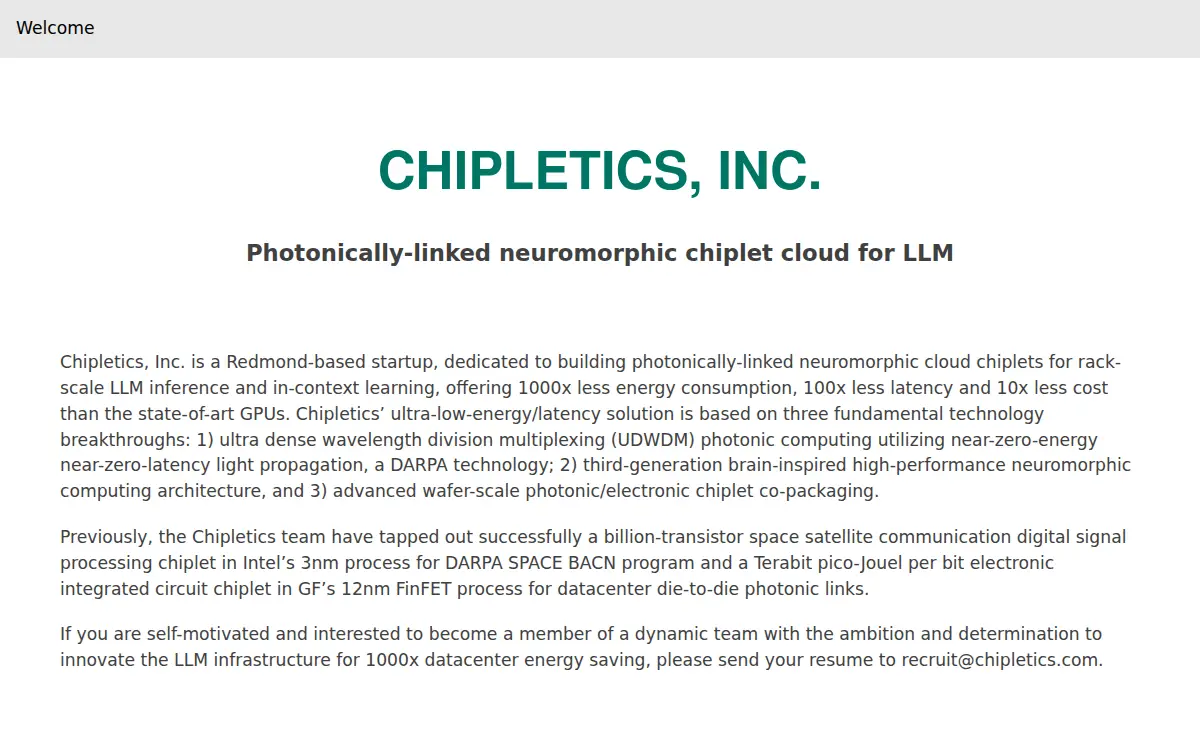 Homepage of Chipletics, INC.