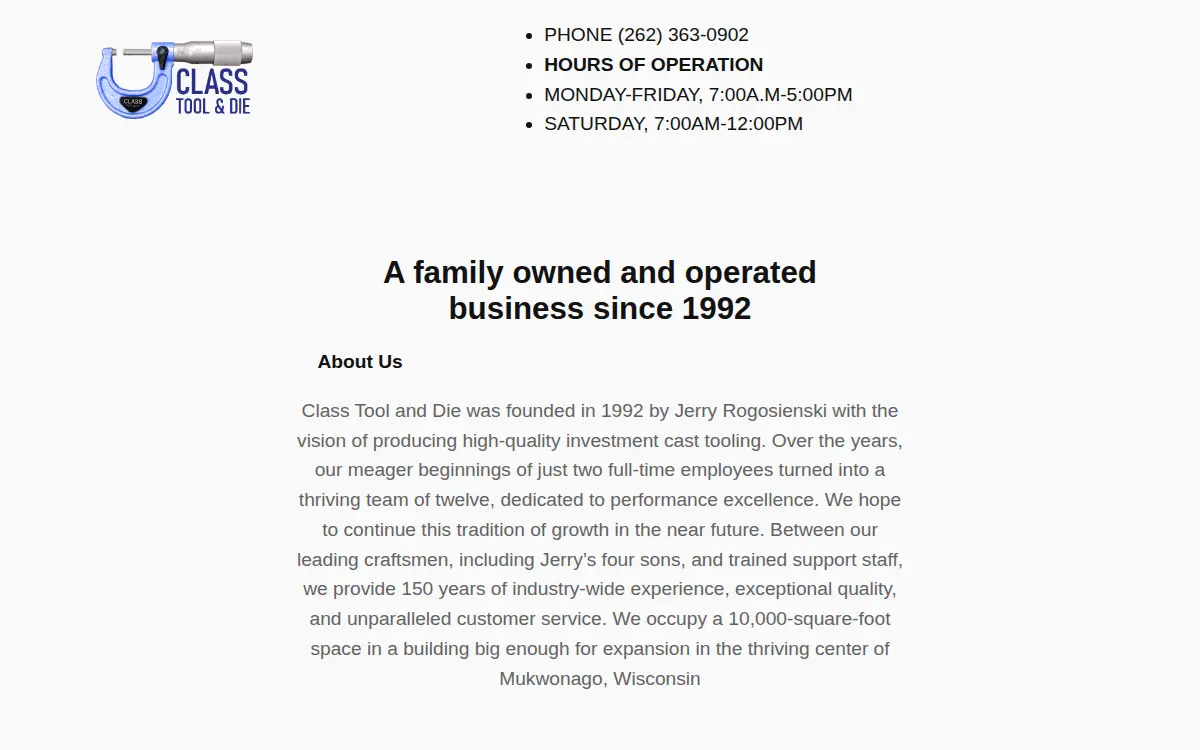 Homepage of Class Tool and Die, INC.
