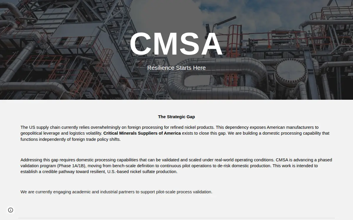 Homepage of Critical Minerals Suppliers of America LLC