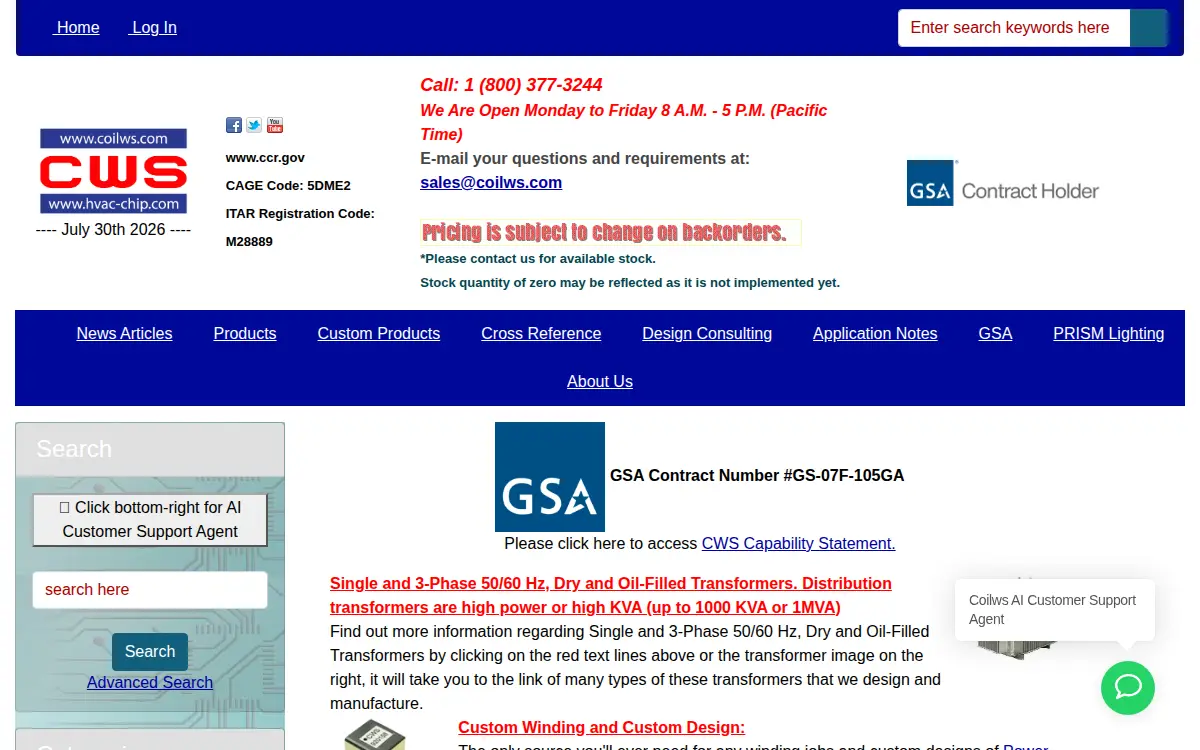 Homepage of Coil Winding Specialist, INC.