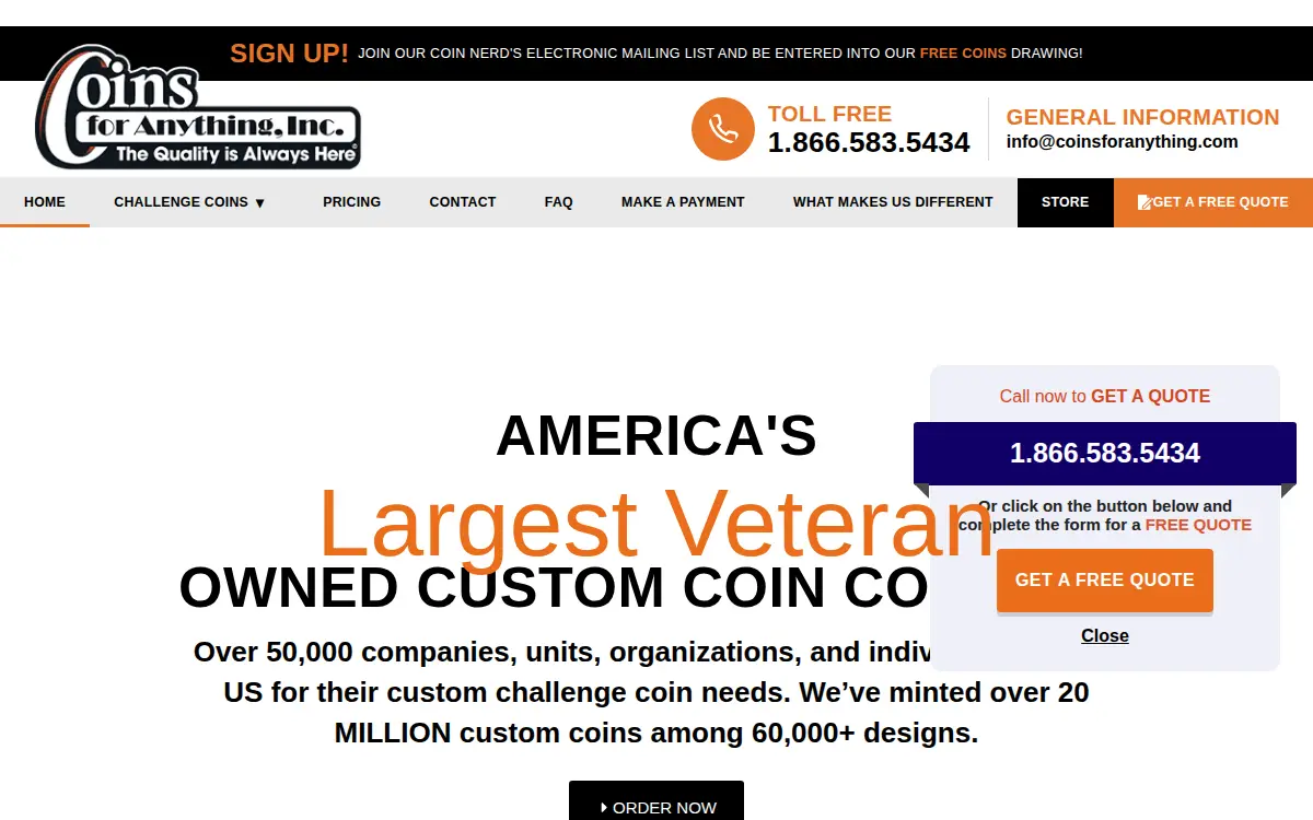 Homepage of Coins for Anything, INC.