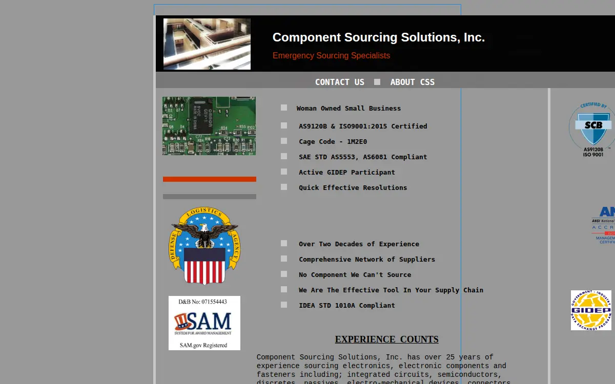 Homepage of Component Sourcing Solutions, INC.