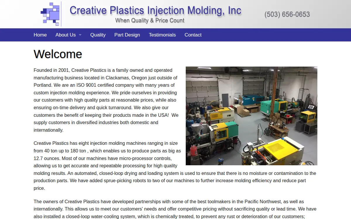 Homepage of Creative Plastics Injection Molding, INC.