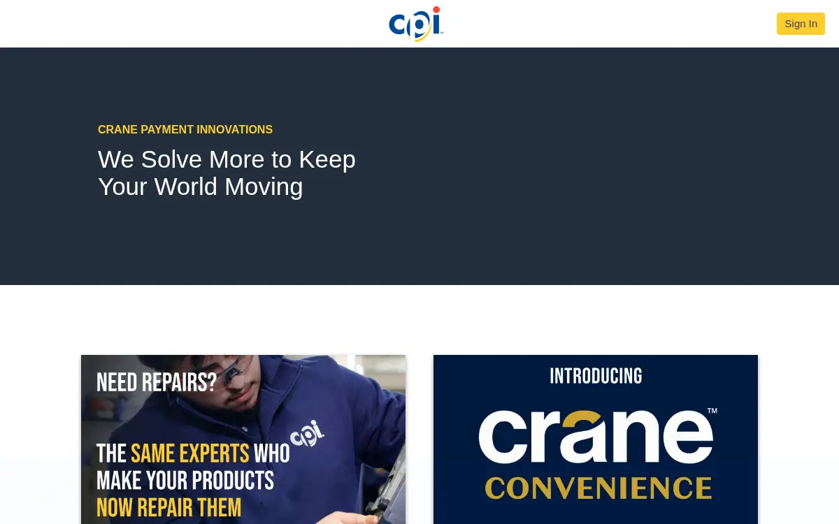 Homepage of Crane Payment Innovations INC