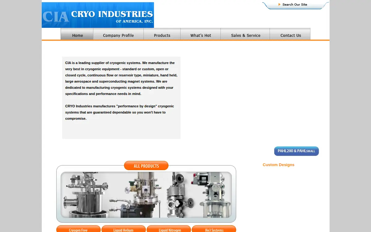 Homepage of Cryo Industries of America, INC