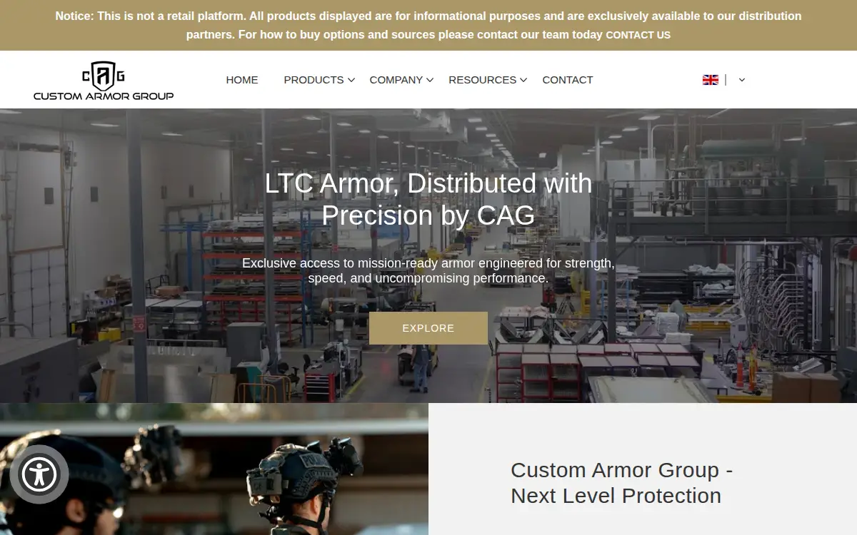 Homepage of Custom Armor Group, INC.
