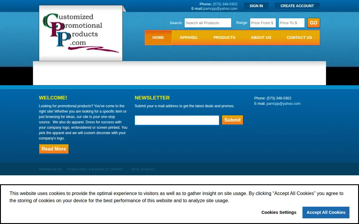Homepage of Customized Promotional Products LLC