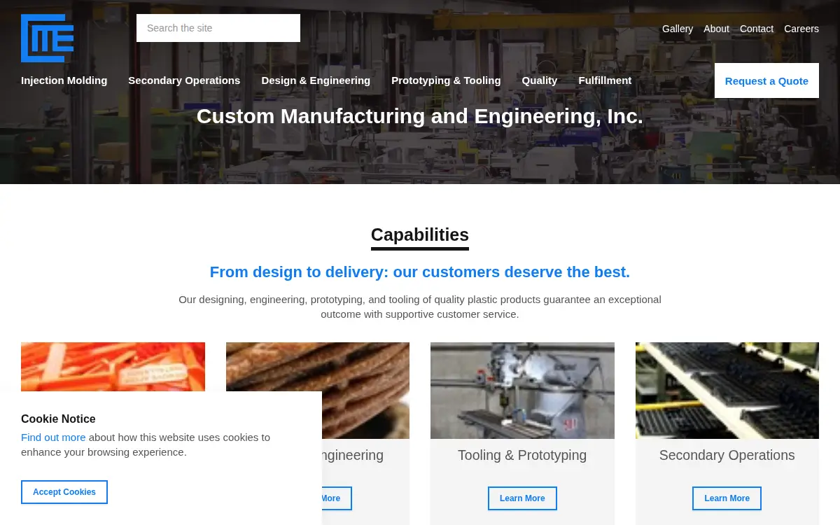 Homepage of Custom Manufacturing and Engineering, INC.