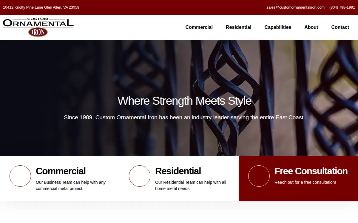 Homepage of Custom Ornamental Iron, INC.