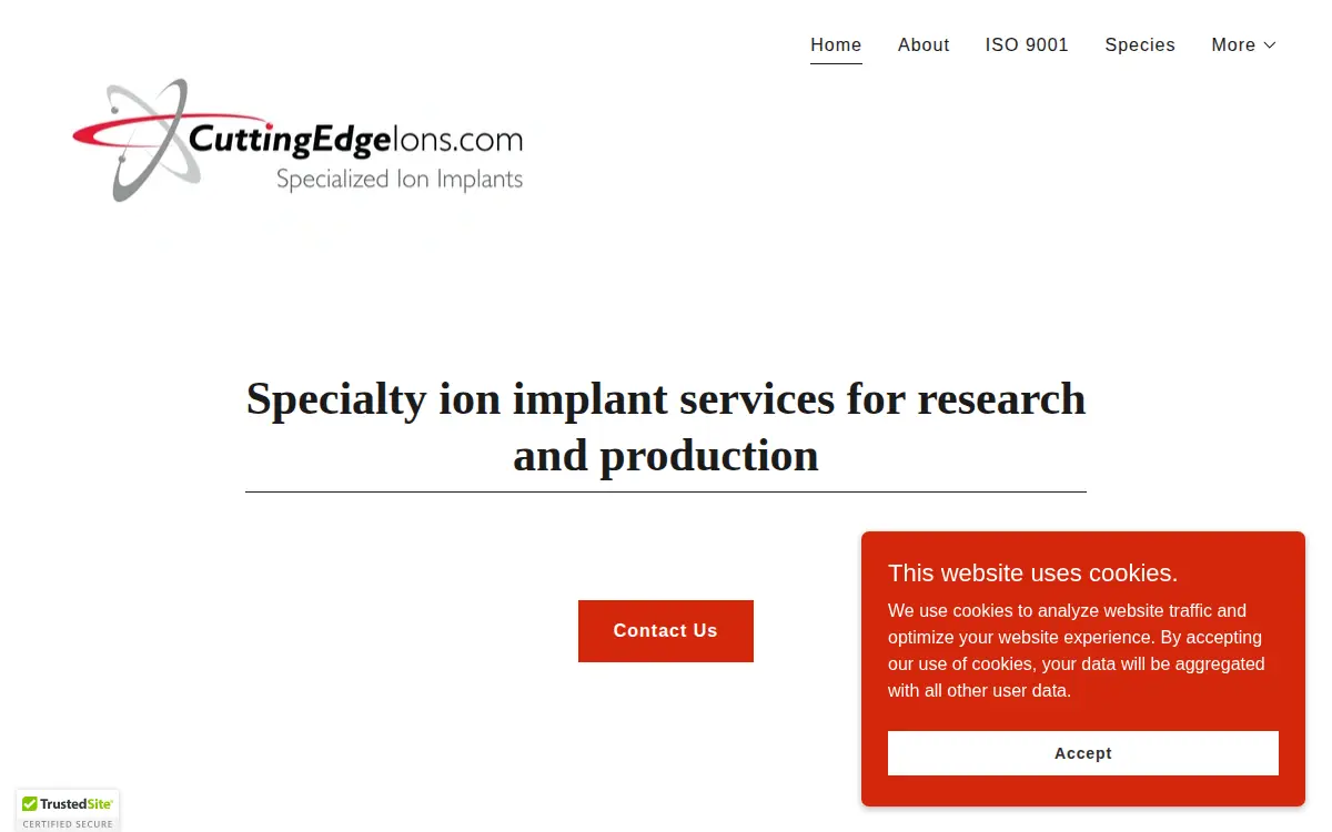 Homepage of Cuttingedge Ions, LLC