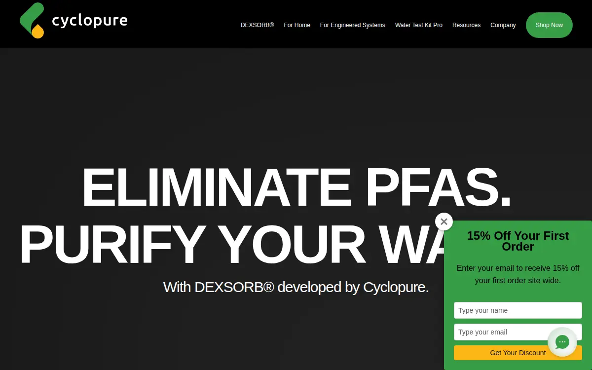 Homepage of Cyclopure, INC.