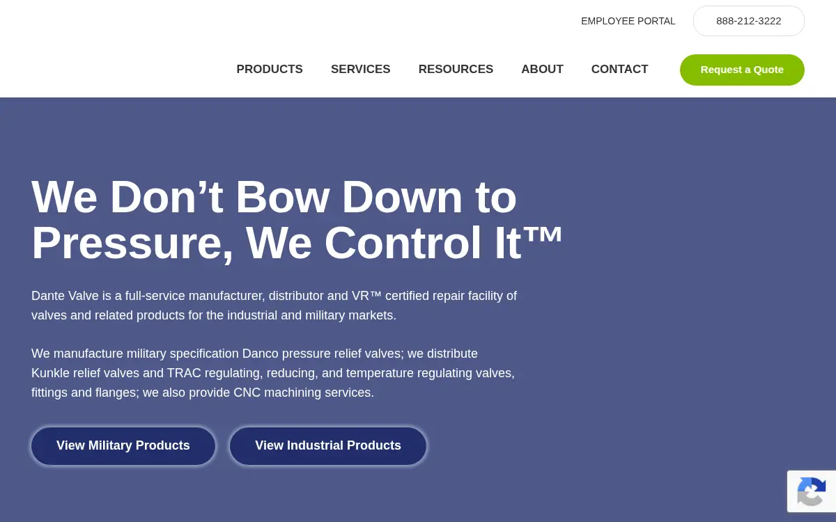 Homepage of Dante Valve Company