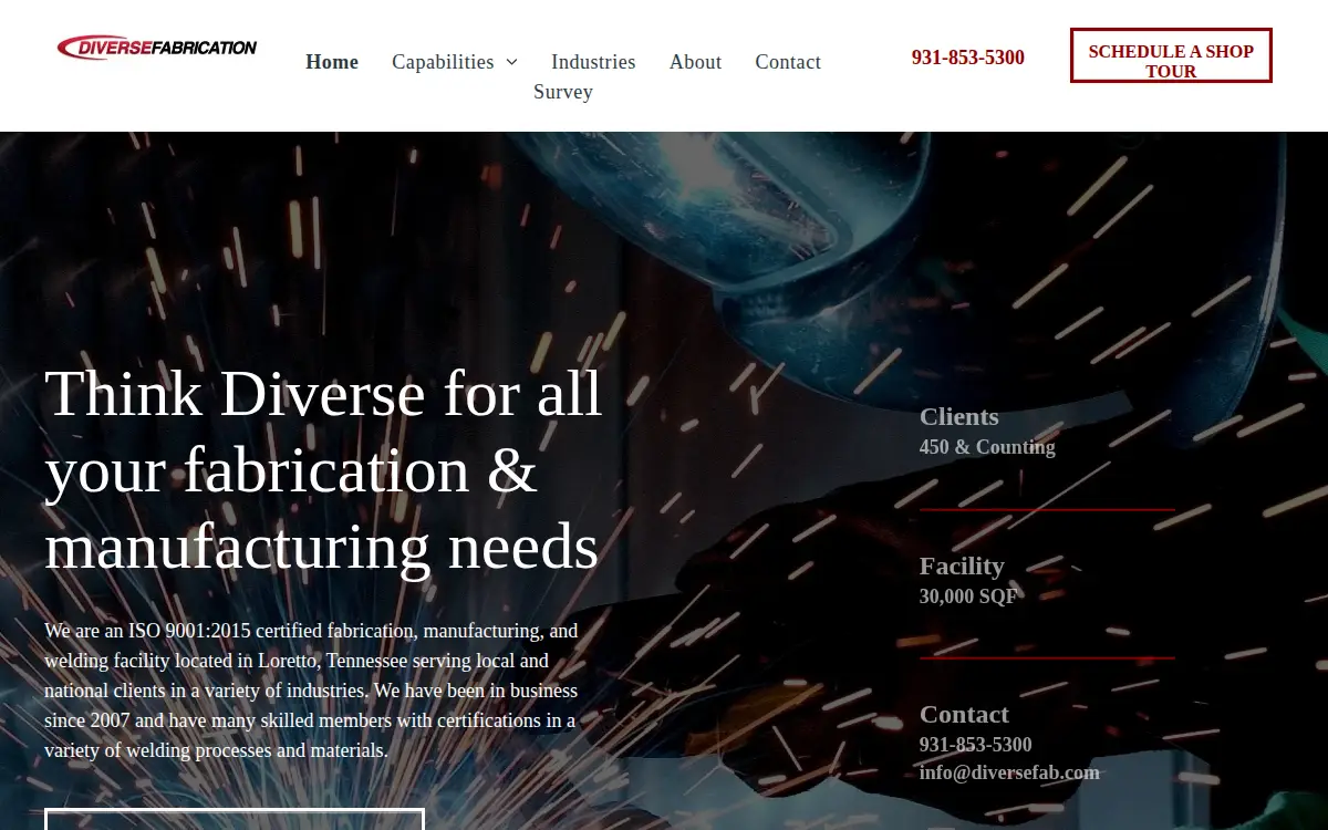 Homepage of Diverse Fabrication LLC
