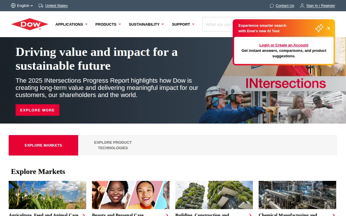 Homepage of Dow Chemical Company, the