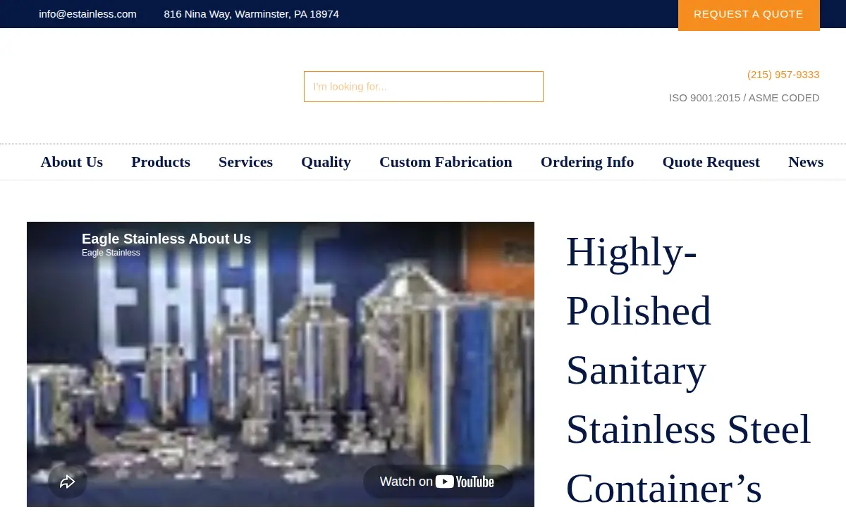 Homepage of Eagle Stainless, INC.