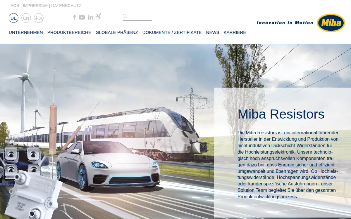 Homepage of Miba Resistors US LLC