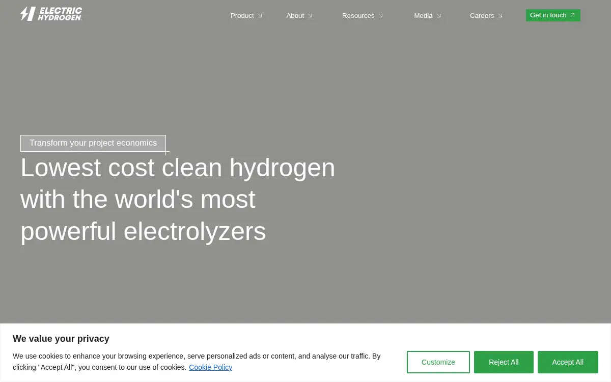 Homepage of Electric Hydrogen CO