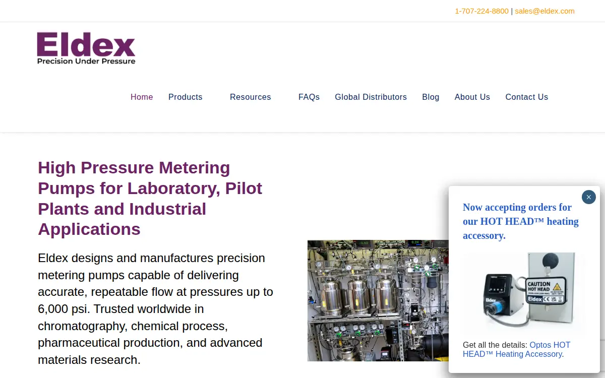 Homepage of Eldex Corporation