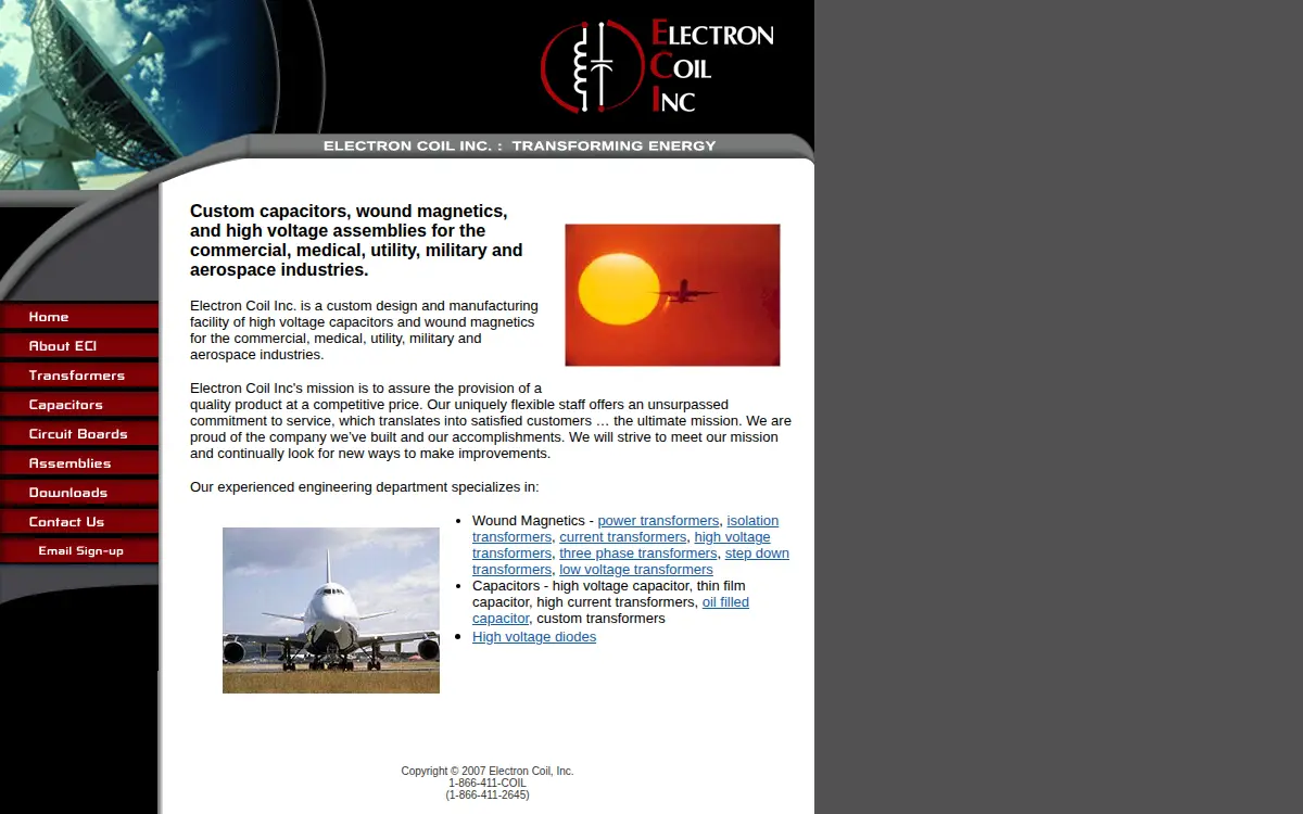Homepage of Electron Coil, INC.
