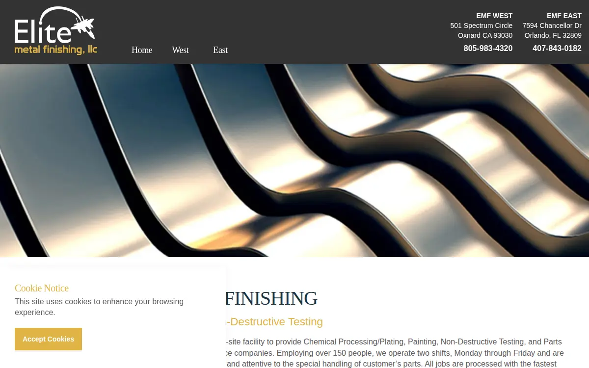 Homepage of Elite Metal Finishing East, LLC