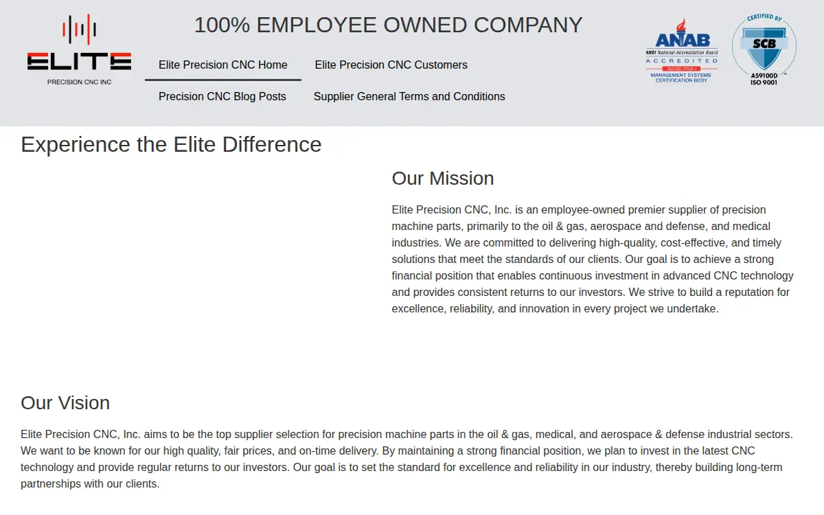 Homepage of Elite Precision Cnc INC