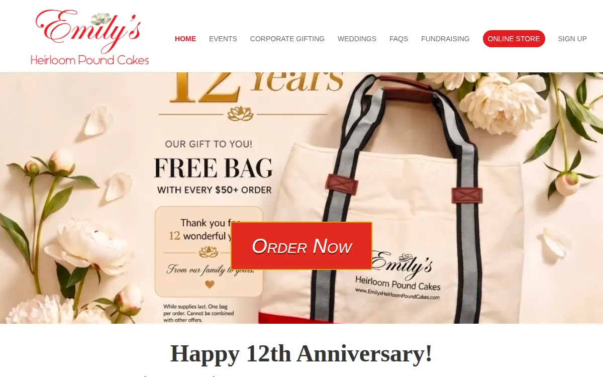 Homepage of Emily's Heirloom Pound Cakes LLC