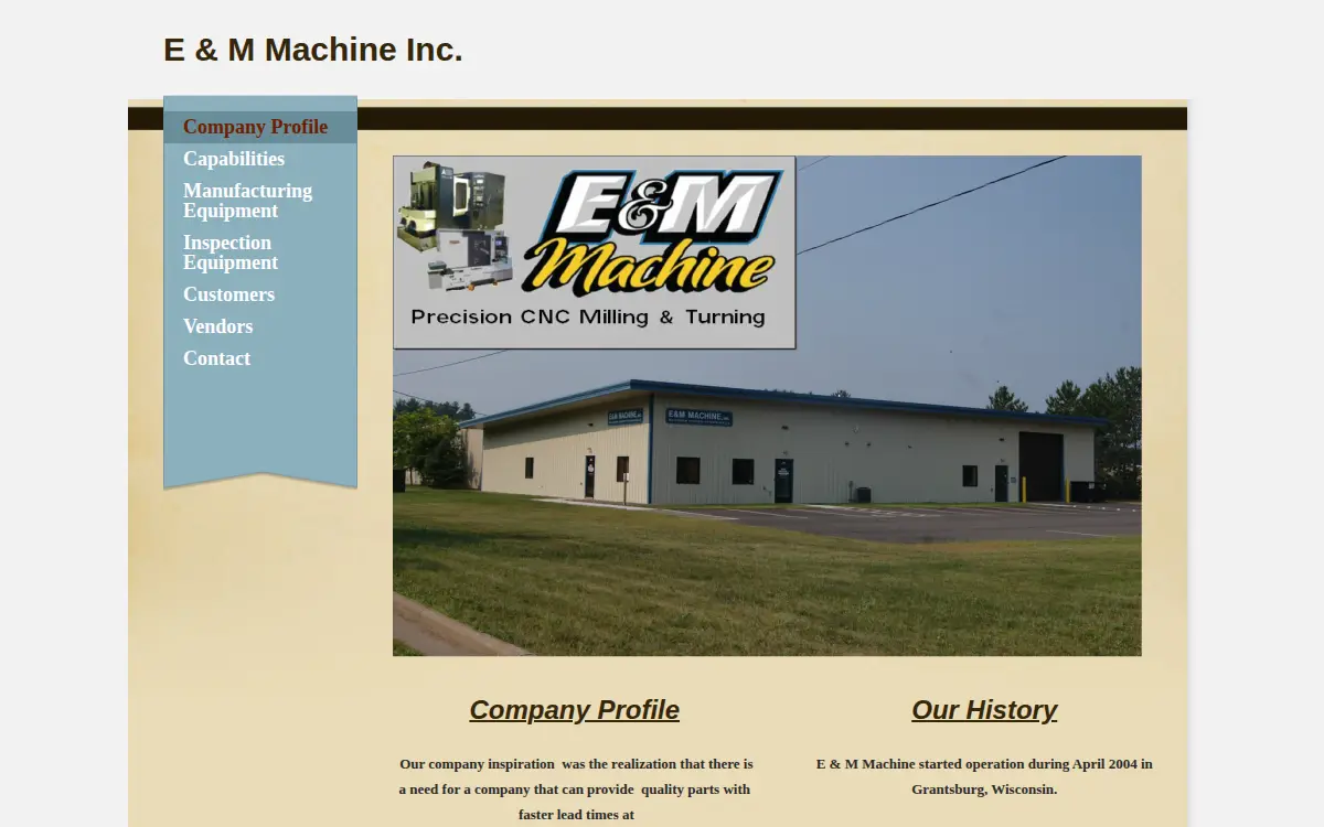 Homepage of E & M Machine, INC.