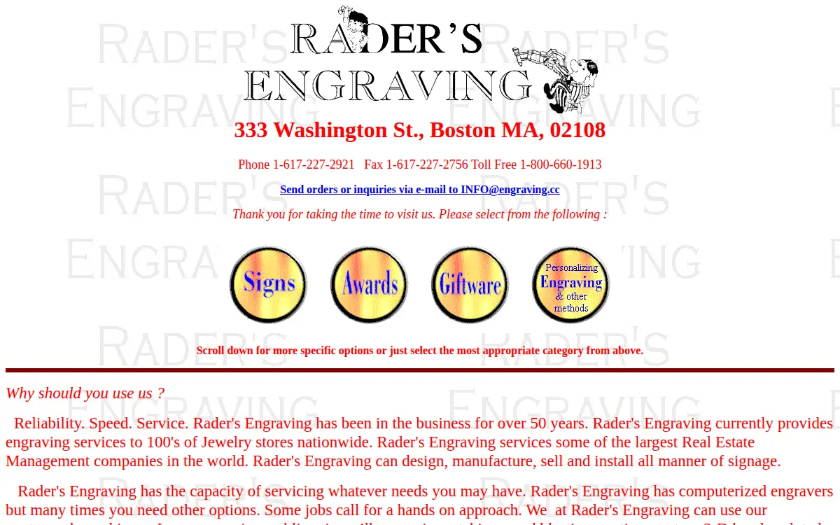 Homepage of Rader's Engraving INC.