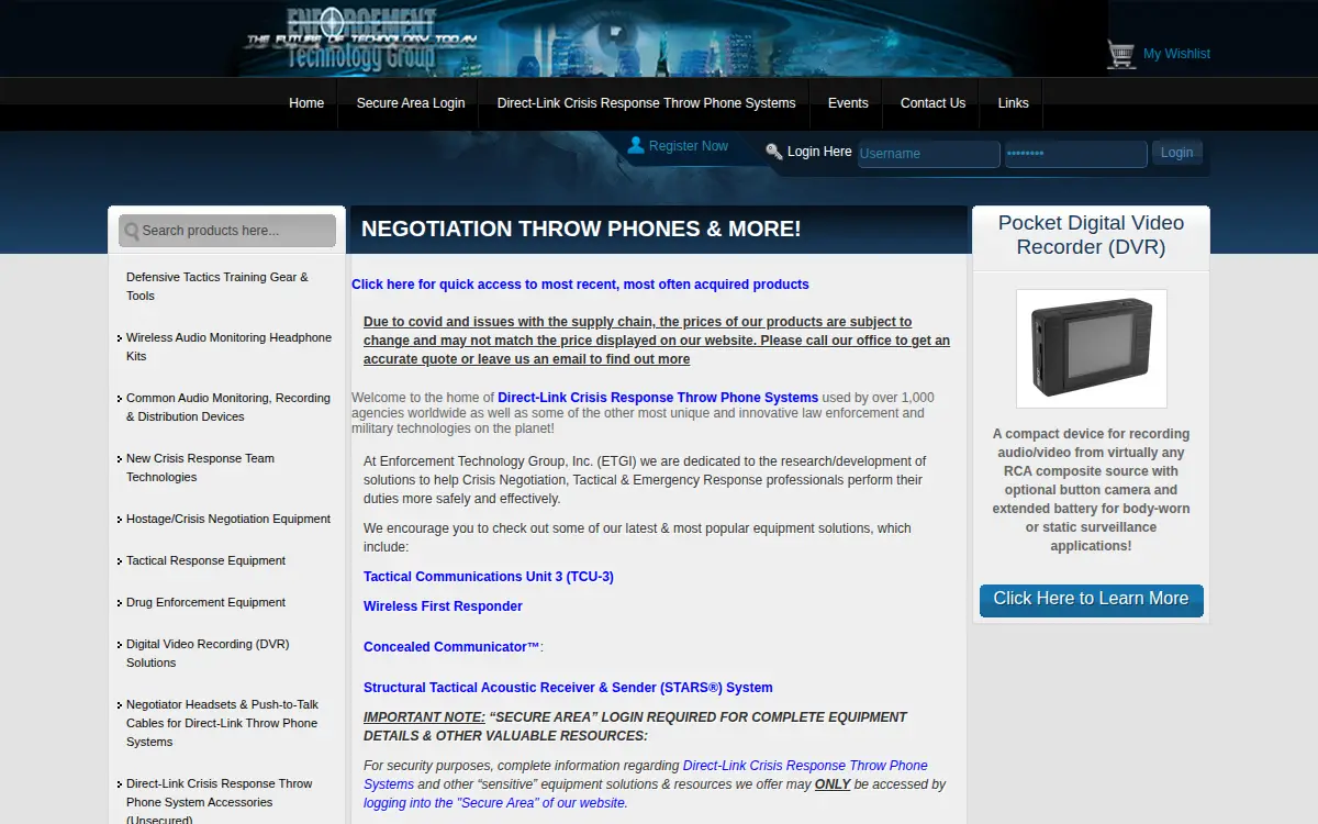 Homepage of Enforcement Technology Group INC