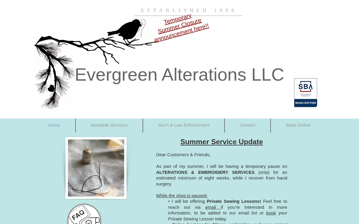 Homepage of Evergreen Alterations LLC