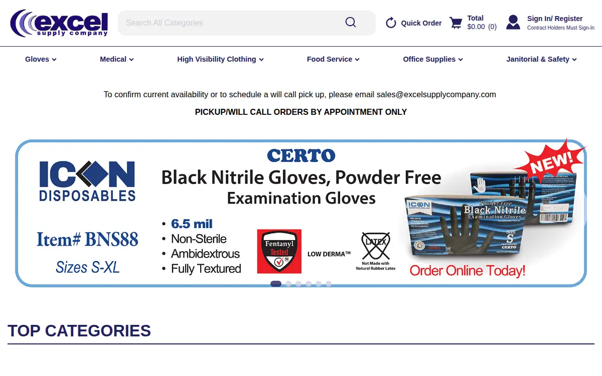 Homepage of Excel Gloves & Safety Supplies INC