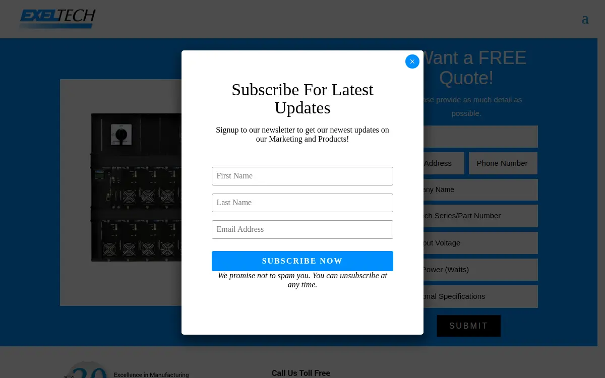 Homepage of Exeltech Incorporated