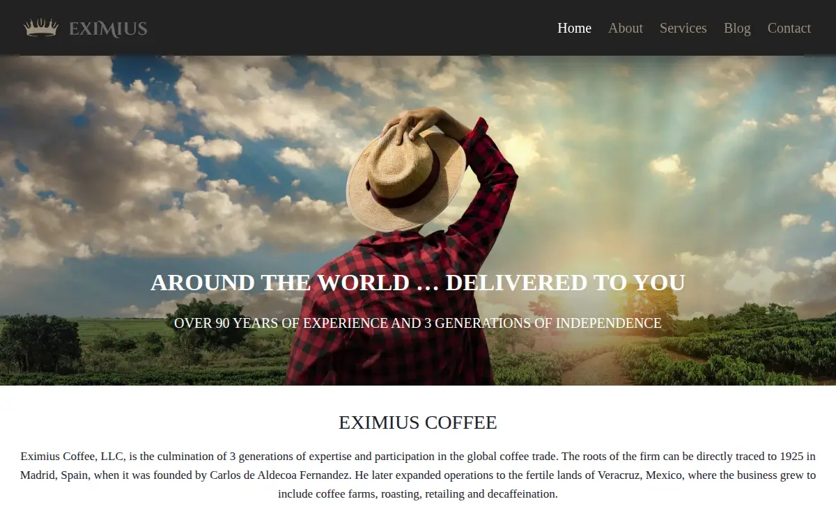 Homepage of Eximius Coffee, L.l.c.