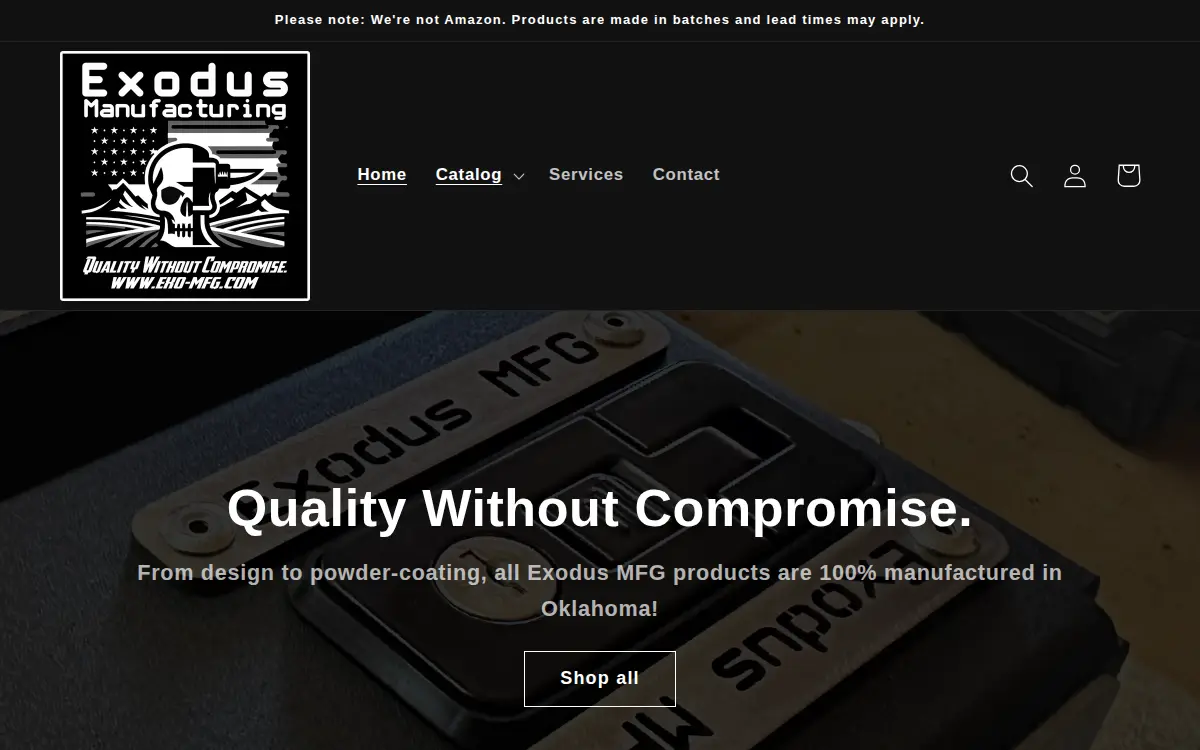 Homepage of Exodus Manufacturing LLC