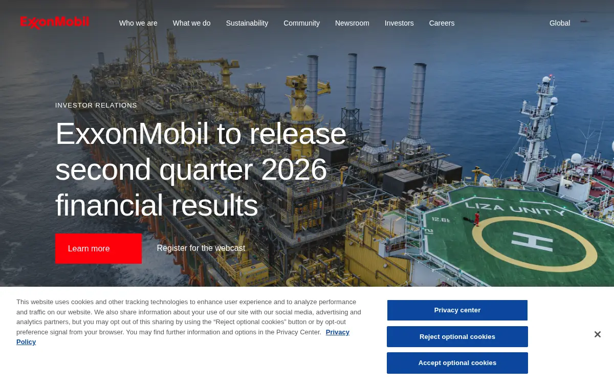 Homepage of Exxon Mobil Corporation