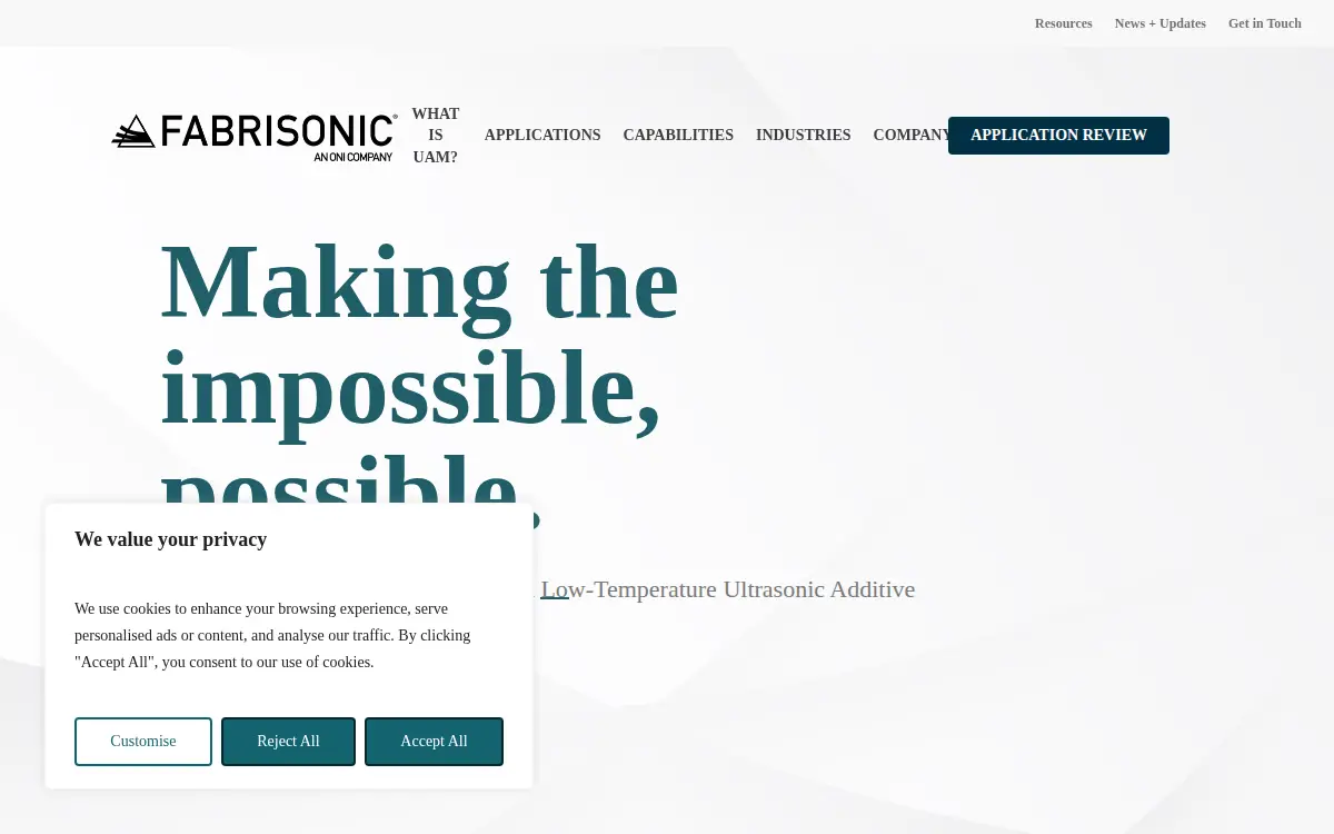 Homepage of Fabrisonic, LLC