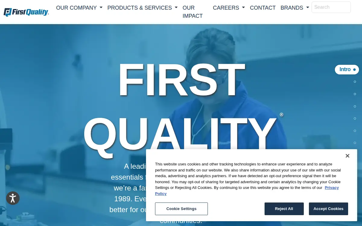 Homepage of First Quality Products, LLC.