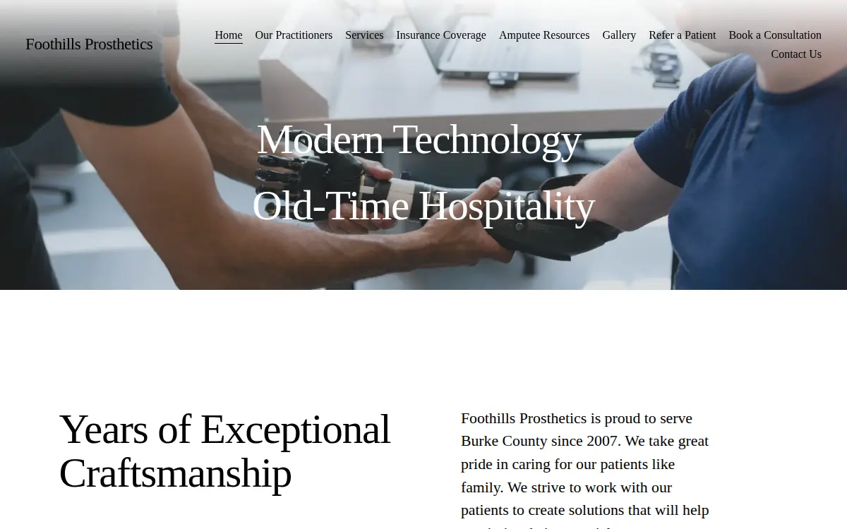 Homepage of Foothills Prosthetics, LLC