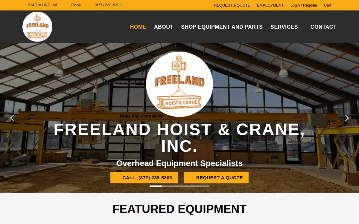 Homepage of Freeland Hoist & Crane, INC.