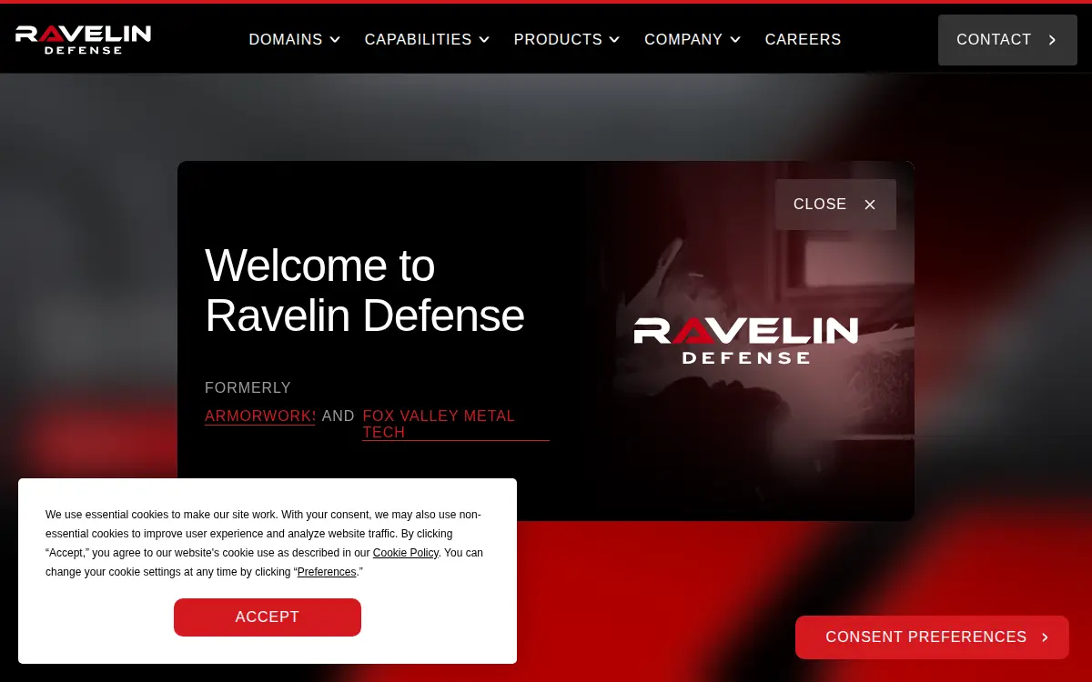 Homepage of Ravelin Defense Wi, LLC