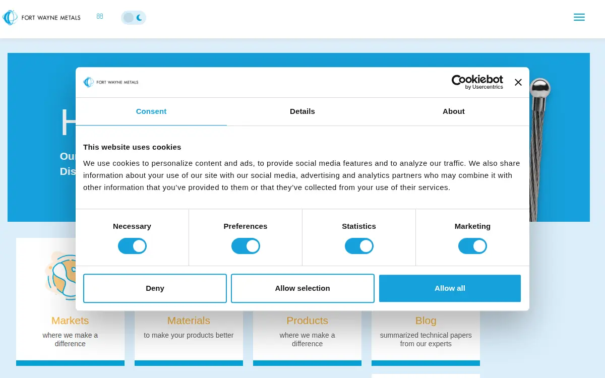 Homepage of Fort Wayne Metals Research Products, LLC