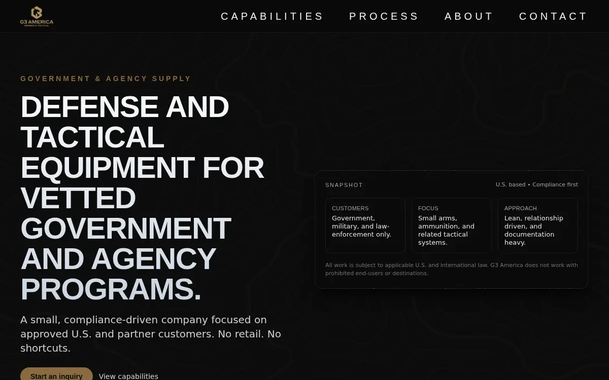 Homepage of G3 America, LLC