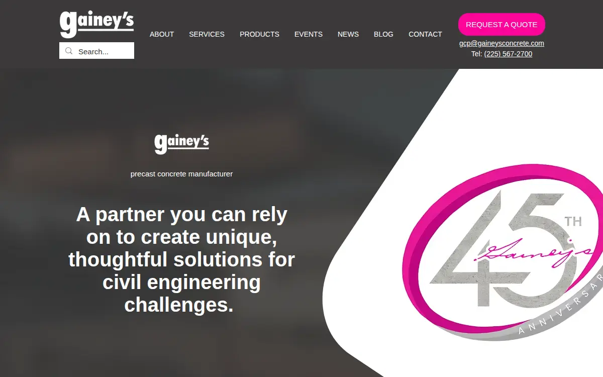 Homepage of Gainey's Concrete Products, LLC