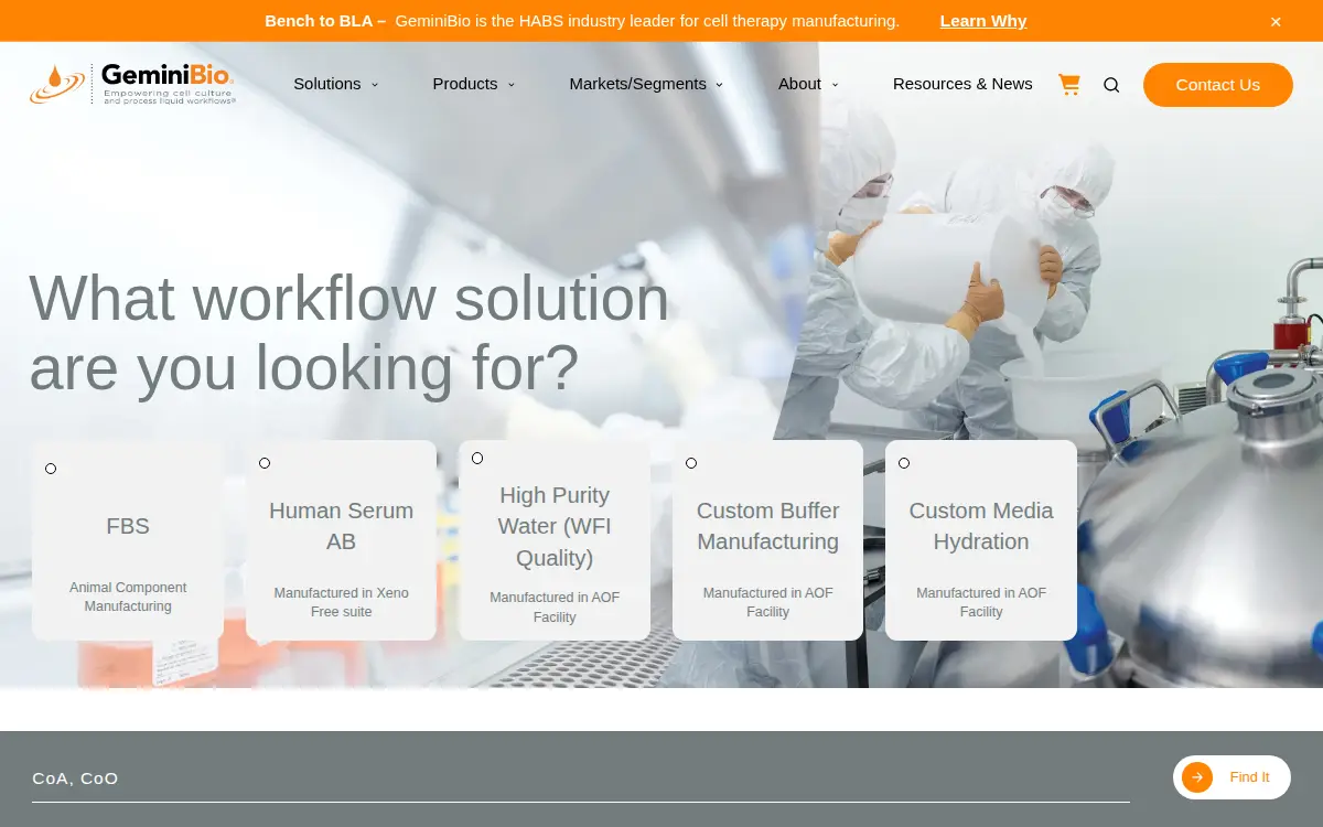 Homepage of Gemini Bioproducts LLC