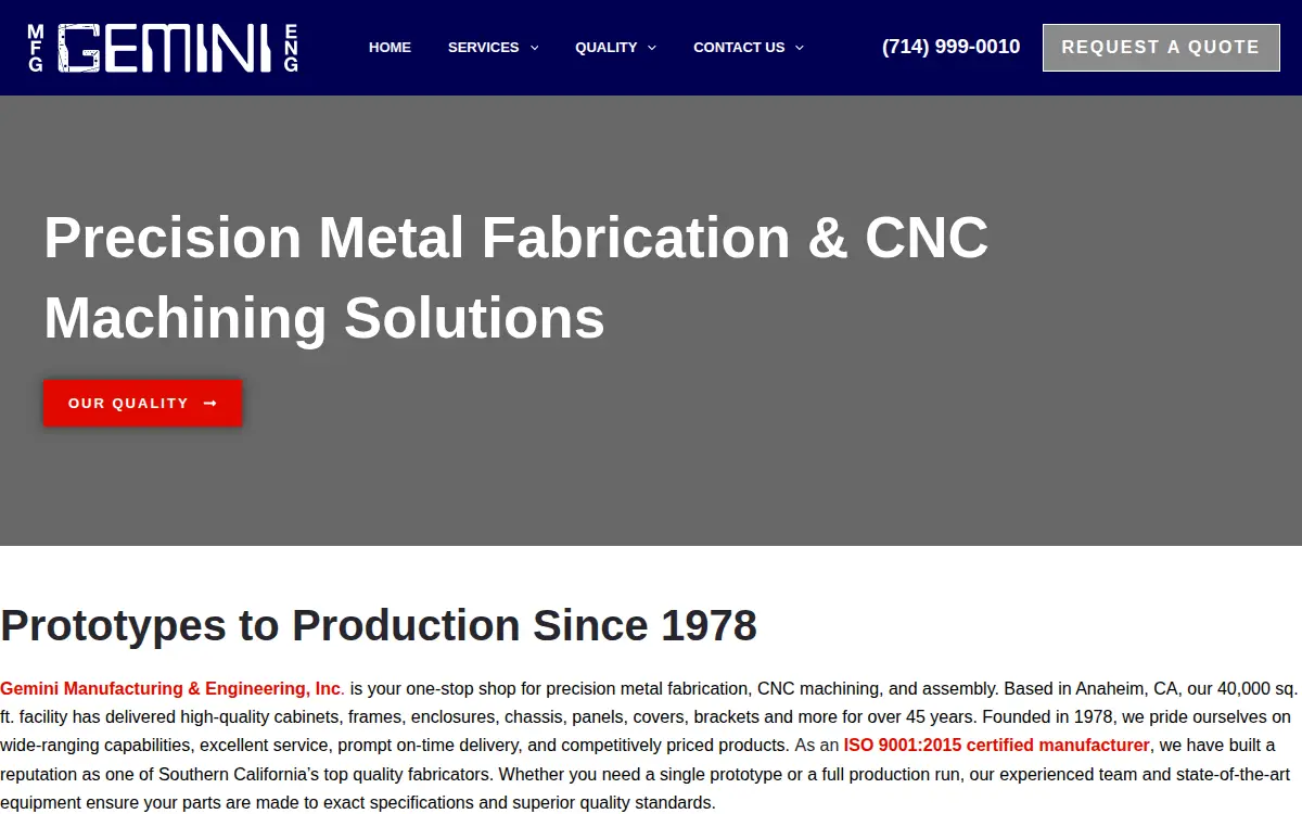 Homepage of Gemini Manufacturing & Engineering INC.