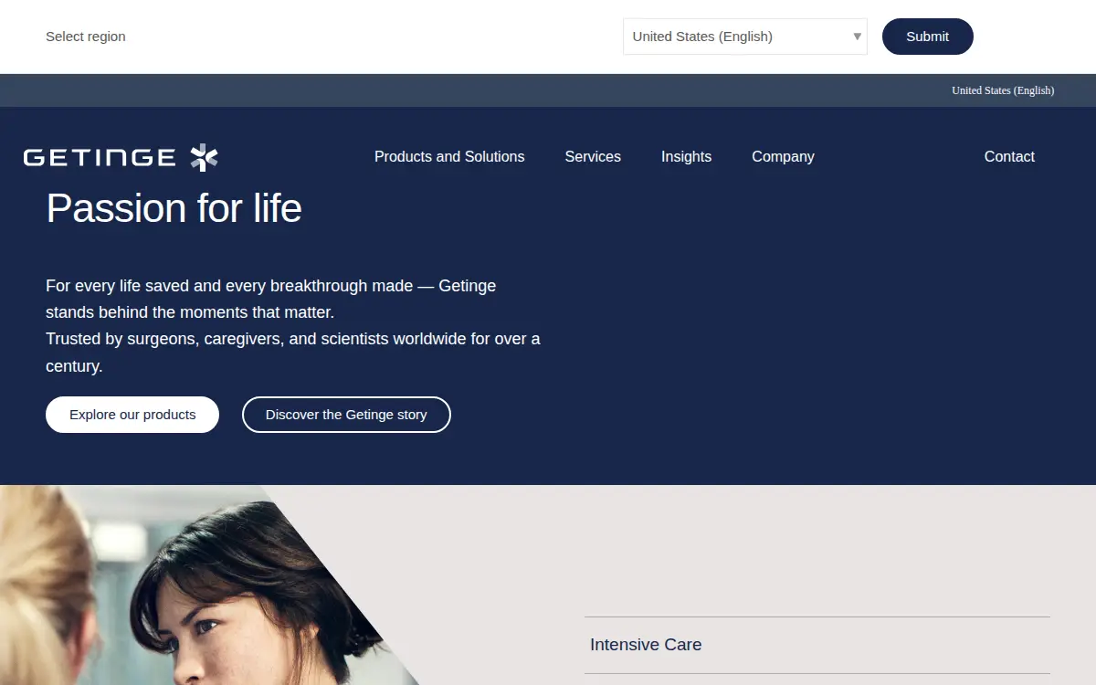 Homepage of Getinge USA Sales, LLC