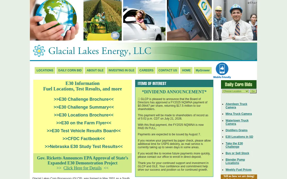 Homepage of Glacial Lakes Energy LLC