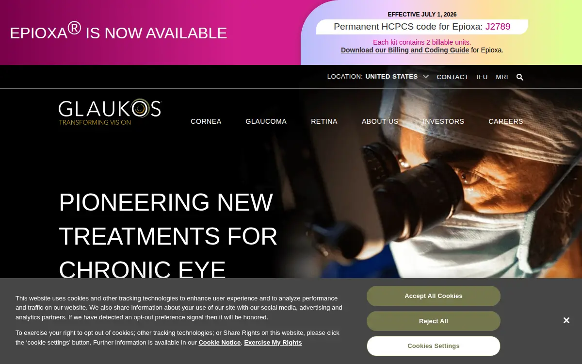 Homepage of Glaukos Corporation