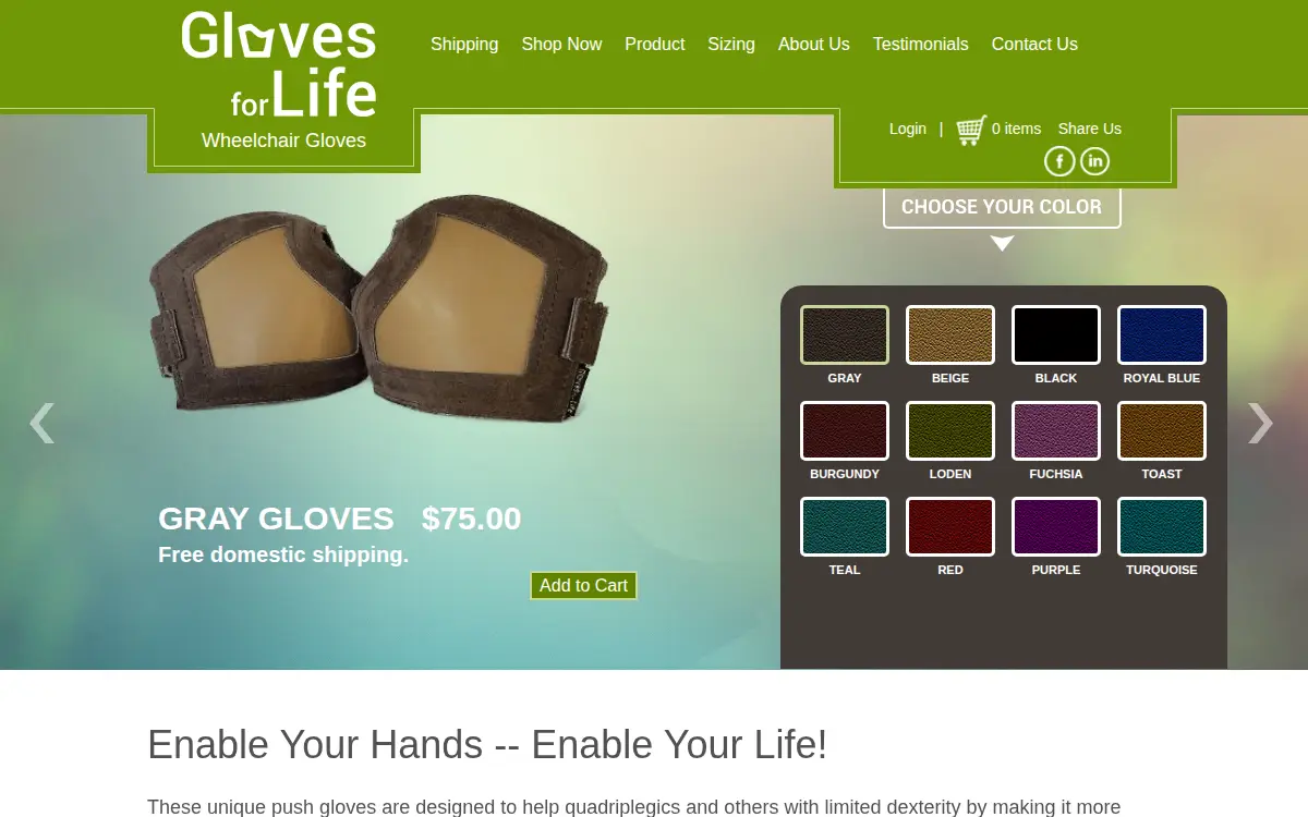 Homepage of Gloves for Life, LLC