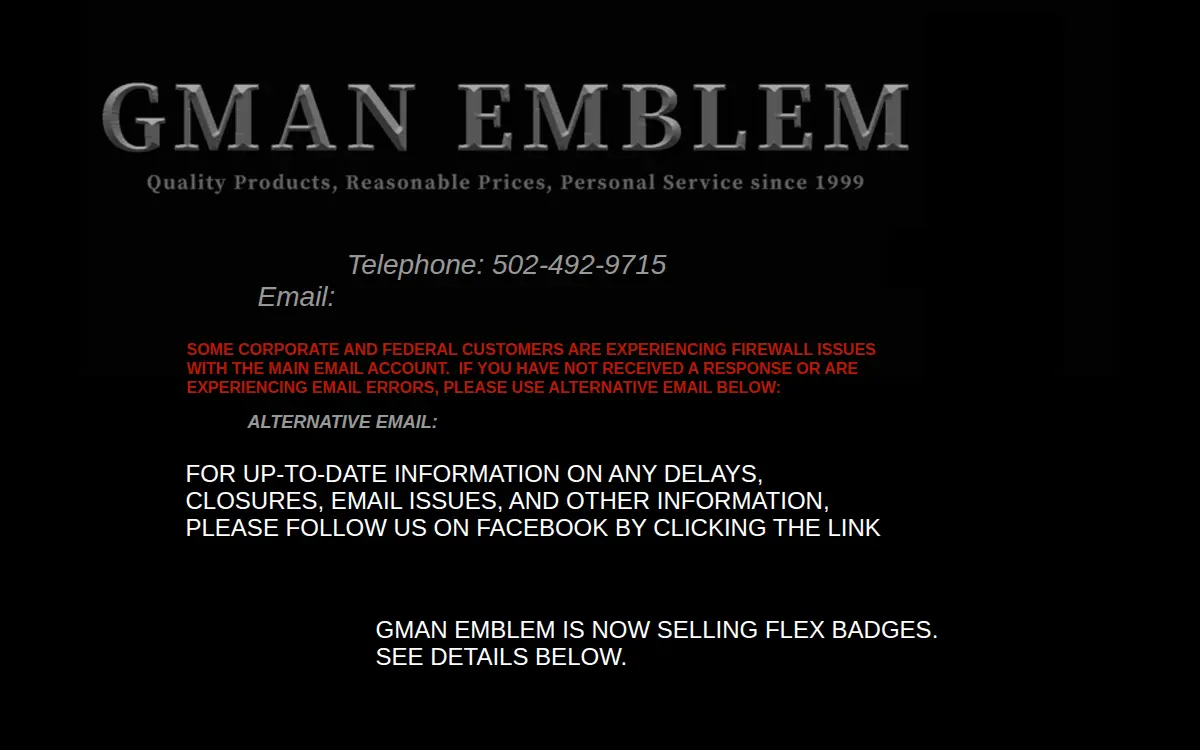 Homepage of Gman Emblem LLC